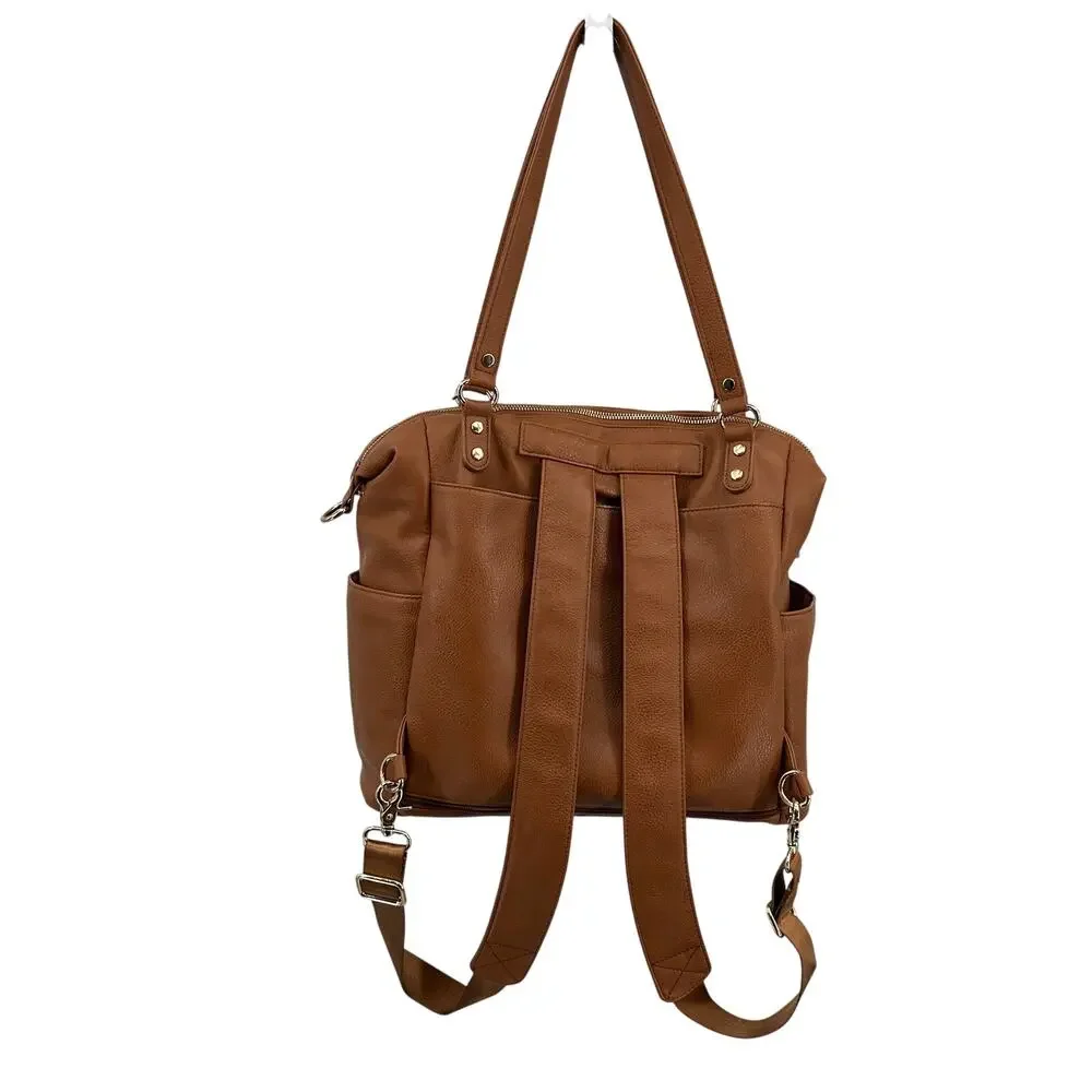 Mominside Diaper Backpack Tote Bag Brown Vegan Convertible Insulated Waterproof